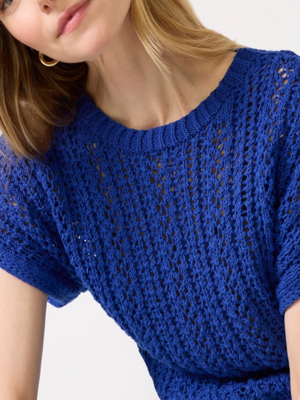 Z Supply Open-Knit Short Sleeve Sweater in Royal Blue